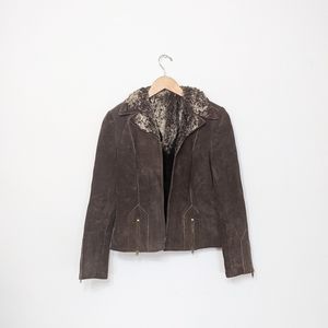 vtg 1970s hippie leather faux fur trim biker jacket